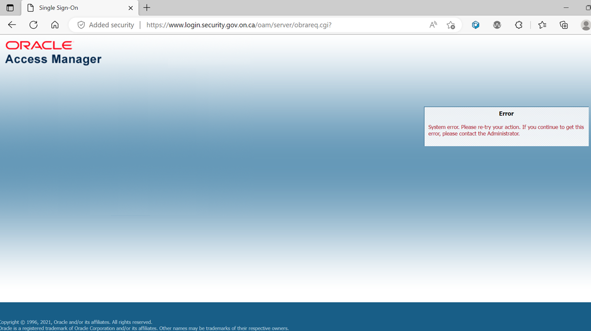 Oracle Access Manager error screen